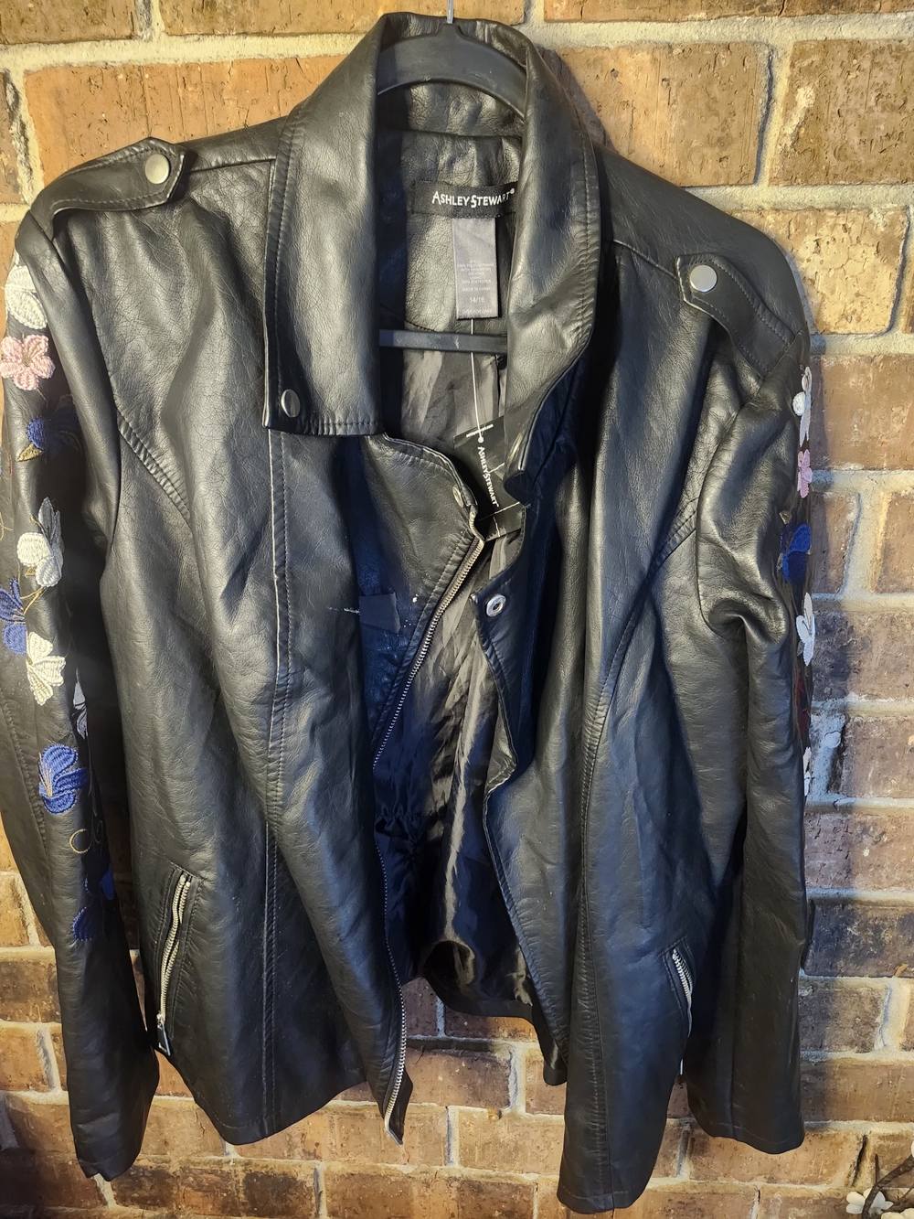Ashley Stewart Black Faux Leather Moto Jacket with Floral Embroidered Sleeves